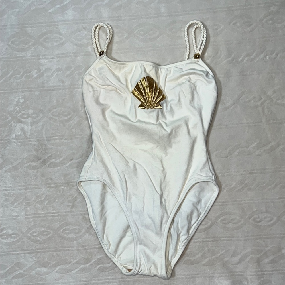 La Blanca Cream and Gold Shell One Piece Swimsuit